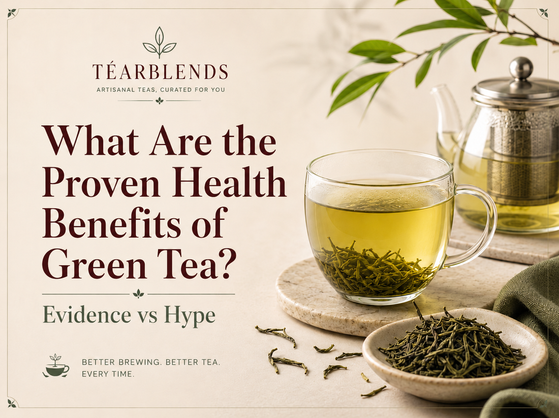 Téarblends article poster featuring a glass cup of green tea, loose green tea leaves, and a teapot beside the headline “What Are the Proven Health Benefits of Green Tea?” with the subheading “Evidence vs Hype.”