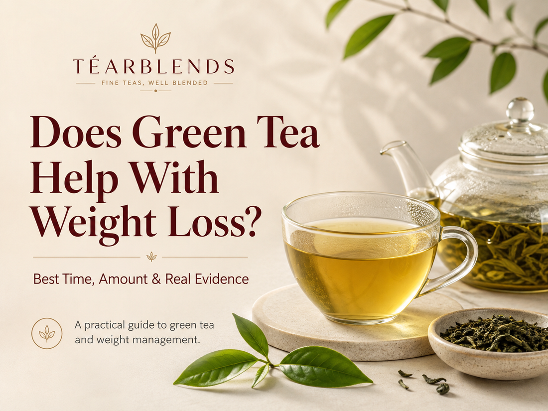 Téarblends article poster showing a glass cup and teapot of green tea with loose leaves, featuring the headline “Does Green Tea Help With Weight Loss?” and the subheading “Best Time, Amount & Real Evidence.”